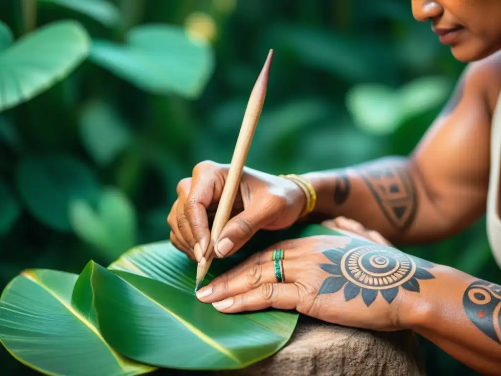 Un artista maya pintando diseños tradicionales con pigmentos naturales, fusionando arte ancestral y naturaleza