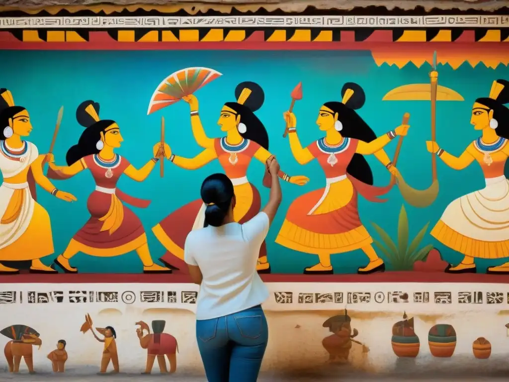 Un artista maya experto en el proceso de pintura mural maya restaura una obra antigua con colores vibrantes y símbolos intrincados