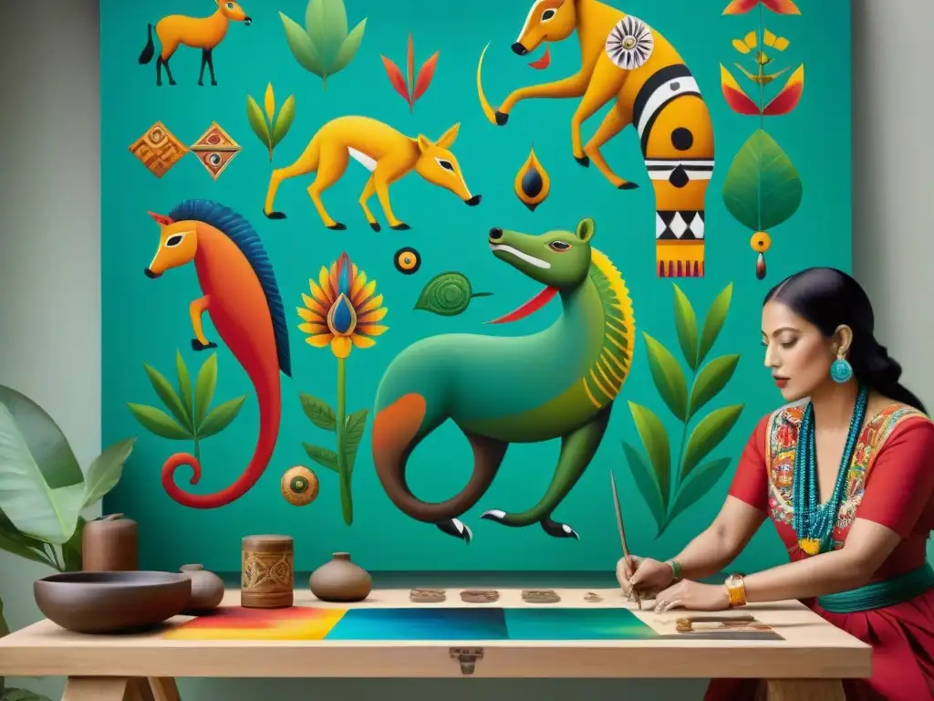 Artista maya pintando un lienzo con motivos animales, fusionando técnicas antiguas y modernas