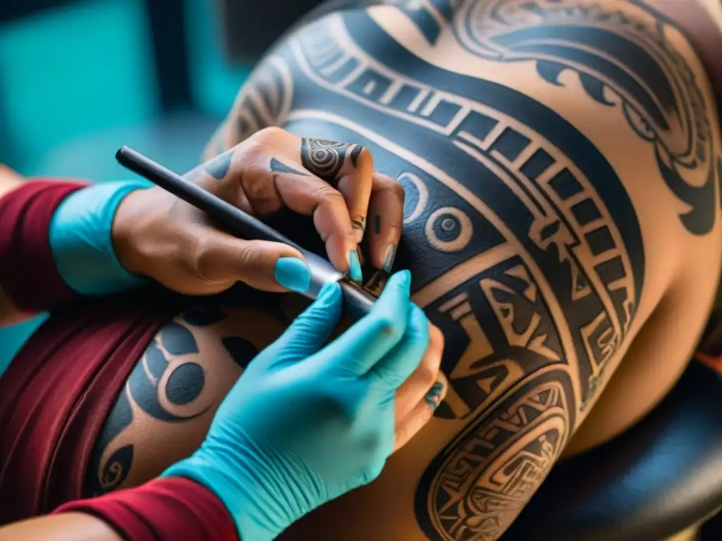 Un artista maya moderno tatuando diseños tradicionales con significado y leyendas en la piel de un cliente, fusionando tradición y modernidad