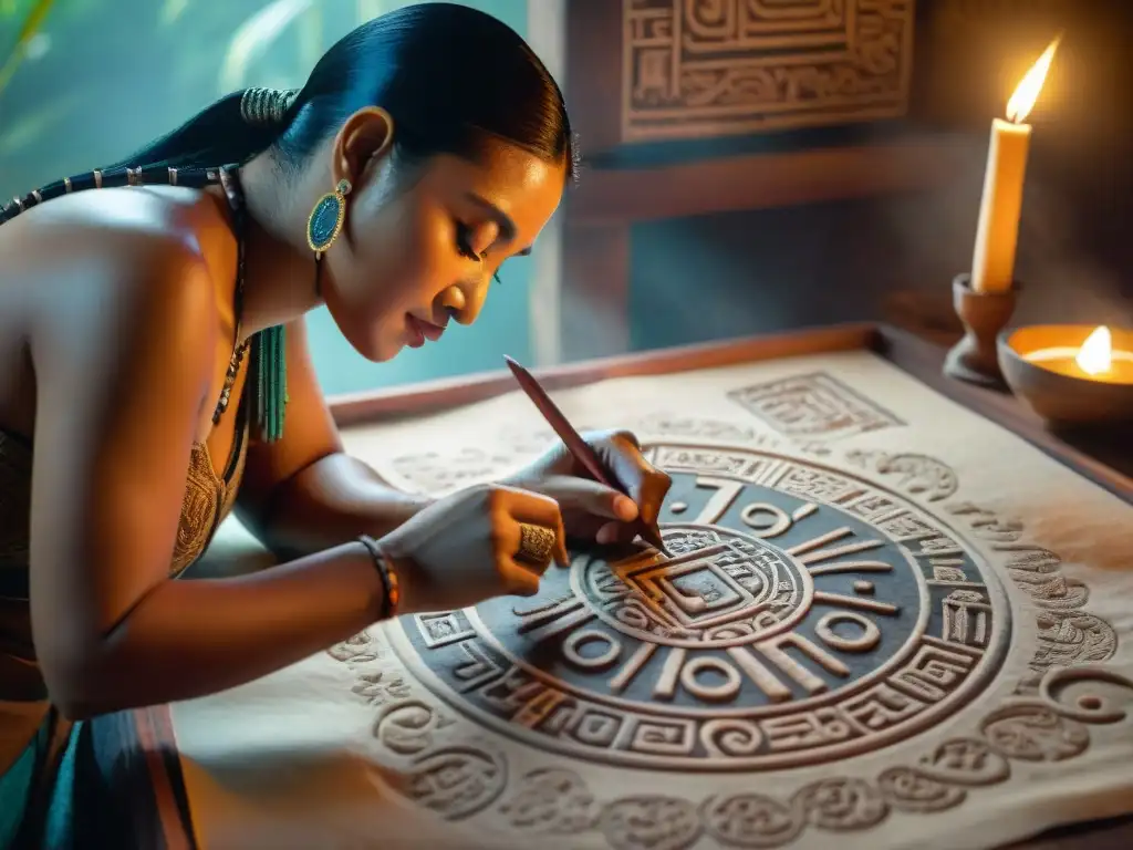 Un artista maya moderno preserva la escritura ancestral en pergamino, iluminado por velas