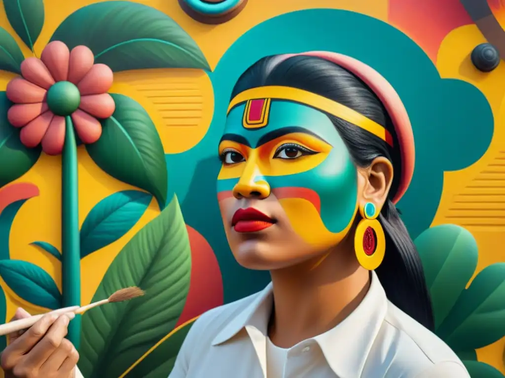 Un artista maya moderno fusiona símbolos olmecas en un mural vibrante, reflejando la riqueza cultural y artística