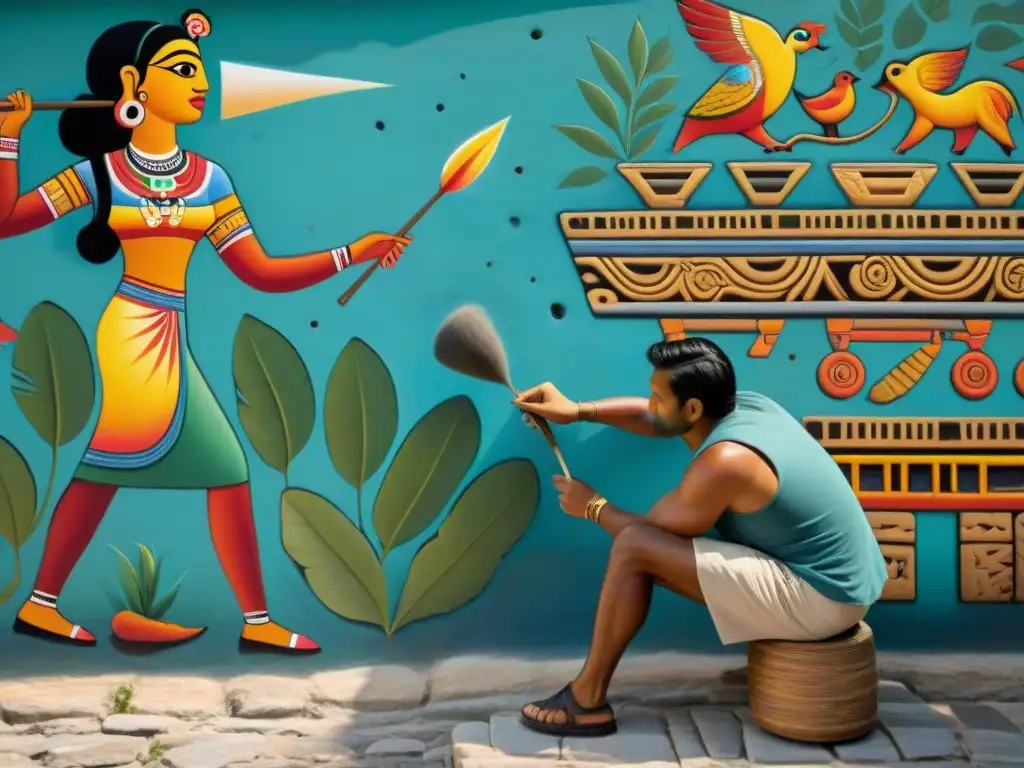 Un artista maya detalladamente pinta un mural vibrante en una pared de piedra con pigmentos naturales, mostrando técnicas tradicionales y cultura maya