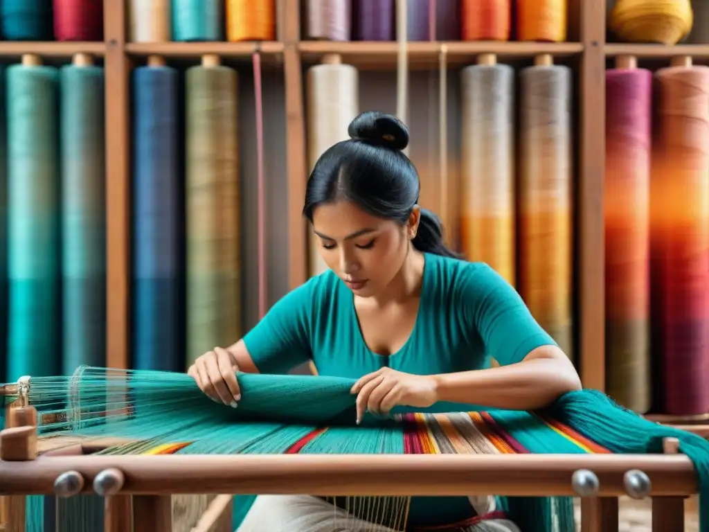 Un artista maya teje con maestría patrones tradicionales llenos de simbolismo en textiles vibrantes