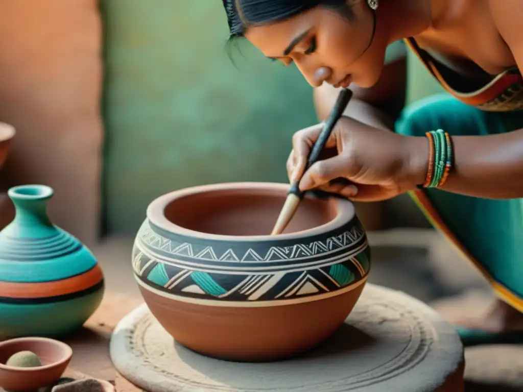 Artista maya pintando patrones en vasija de barro, destacando la evolución cerámica maya arte y tradición