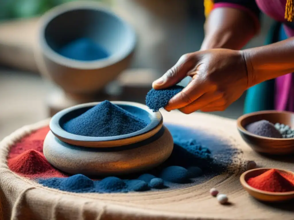 Artista maya muele pigmentos naturales vibrantes en metate y mano, reviviendo técnica ancestral