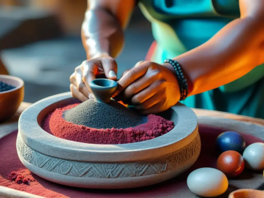 Un artista maya trabaja con pigmentos naturales en un metate de piedra, creando pinturas vibrantes