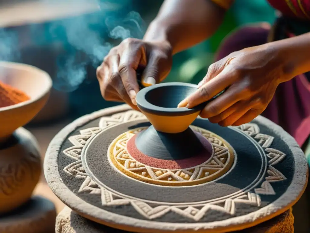 Un artista maya muele pigmentos naturales en un metate, pintura maya