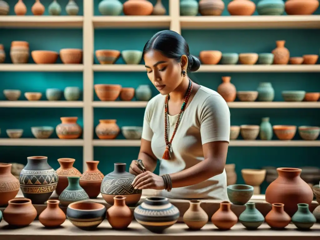 Artista maya detalladamente pintando con pigmentos naturales en vasija de barro, técnicas cerámica maya pigmentos