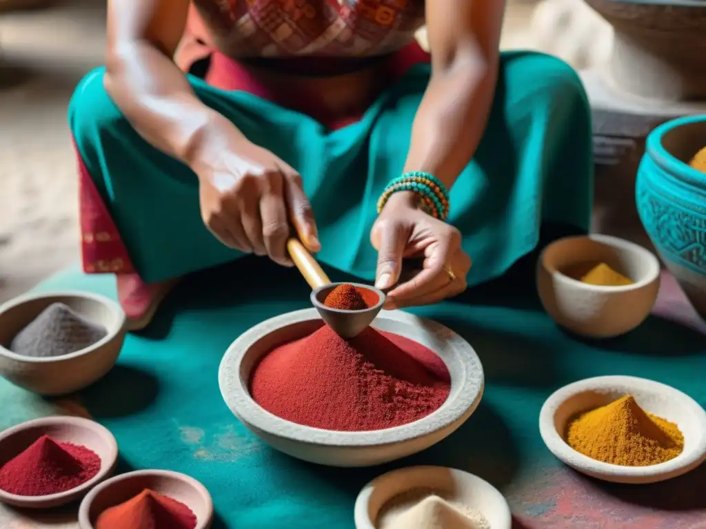 Artista maya muele pigmentos rojos de semillas de achiote en metate, mostrando técnica ancestral