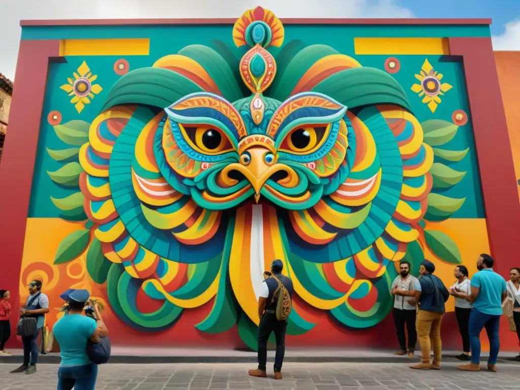 Un artista maya pinta a Quetzalcóatl en un mural vibrante, fusionando tradición y arte moderno en la cultura maya