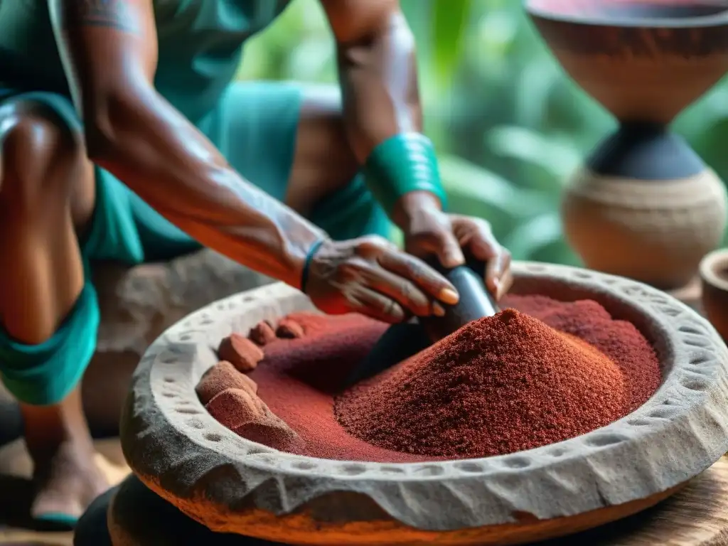 Un artista maya muele semillas rojas de achiote para pigmentos arte corporal cultura maya