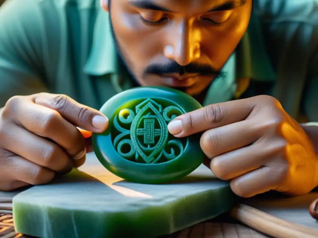 Artista maya tallando símbolos en jade, reflejando la artesanía y la herencia detrás de joyas inspiradas en cultura maya