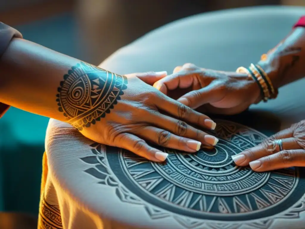 Maestro tatuador Maya: arte ancestral en acción Un artista maya tatuador con gran destreza graba un diseño simbólico en la piel, mostrando una tradición ancestral llena de cultura y arte