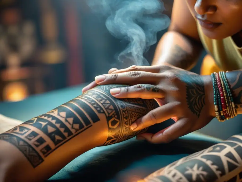 Artista maya de tatuajes tradicionales concentrado, mientras tatúa a su cliente con símbolos ancestrales en un ambiente místico