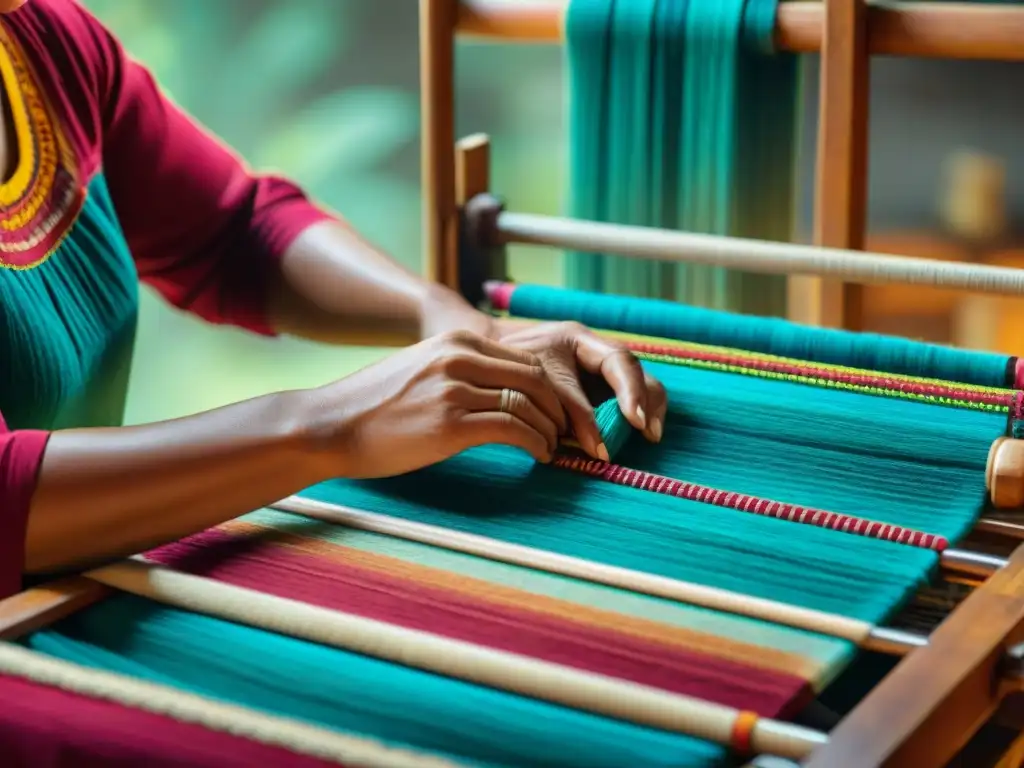 Artista maya tejiendo delicadamente un textil, resaltando el significado del arte textil maya