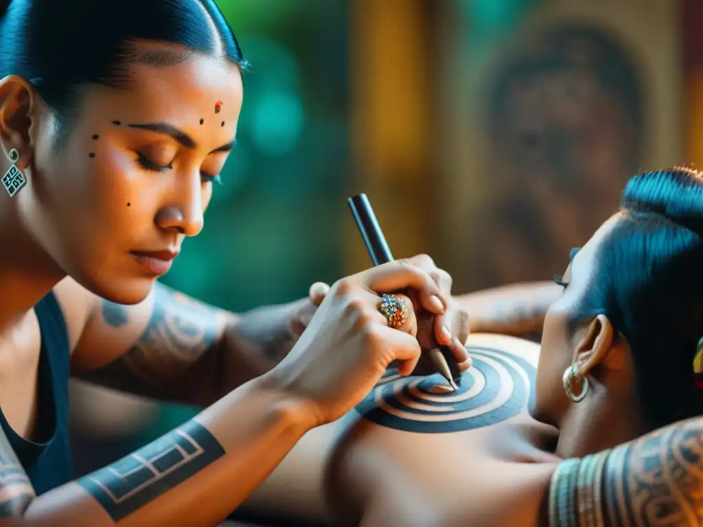 Arte ancestral: Tatuador Maya en acción Un artista maya tradicional tatuando con precisión y reverencia, mostrando la cultura y tradición de los tatuajes mayas