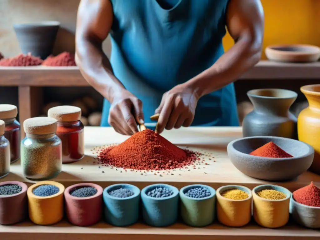 Artista maya tradicional muele semillas de achiote rojo para crear pigmento, con estantes de materiales naturales