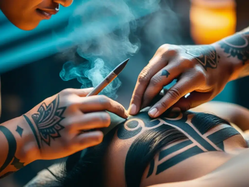 Arte ancestral: tatuaje maya con herramientas tradicionales Un artista maya tradicional crea un tatuaje con herramientas ancestrales, inmerso en la cultura y la tradición