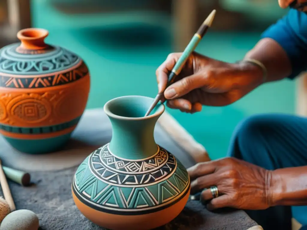 Artista maya pintando detalladamente un vaso con patrones geométricos, rodeado de herramientas tradicionales