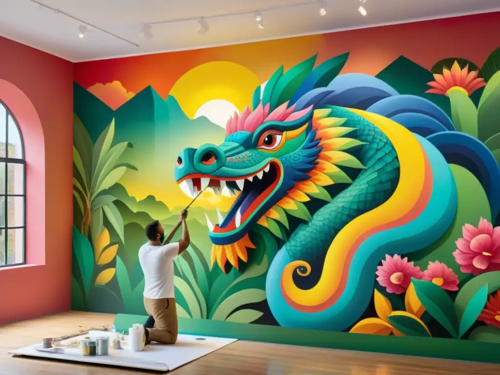 Artista moderno pintando mural inspirado en mitos mayas con detalle