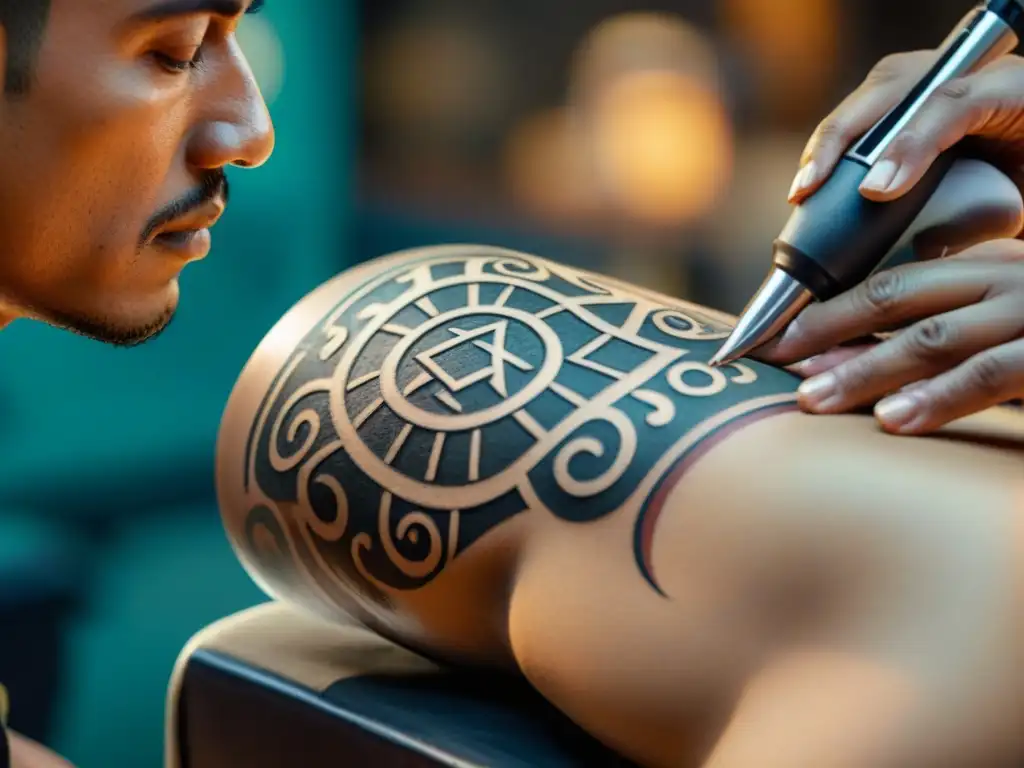 Un artista de tatuajes mayas preserva la cultura con una obra geométrica, entre herramientas antiguas y modernas