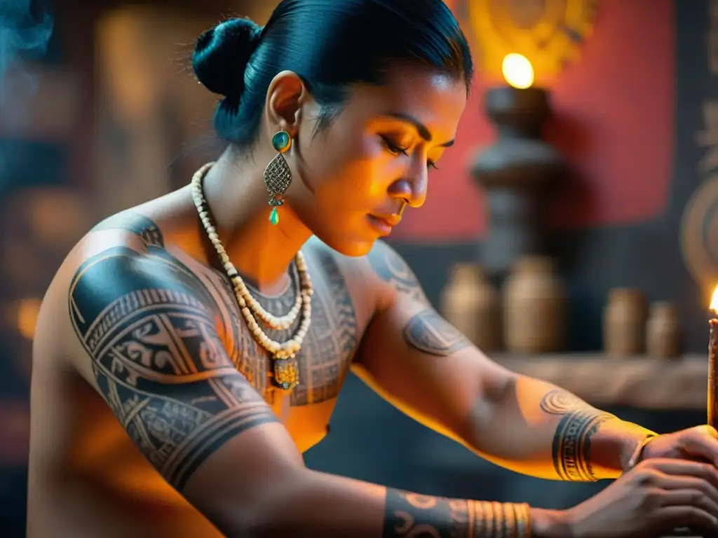 Un artista de tatuajes mayas crea un diseño tradicional con precisión en un ambiente espiritual