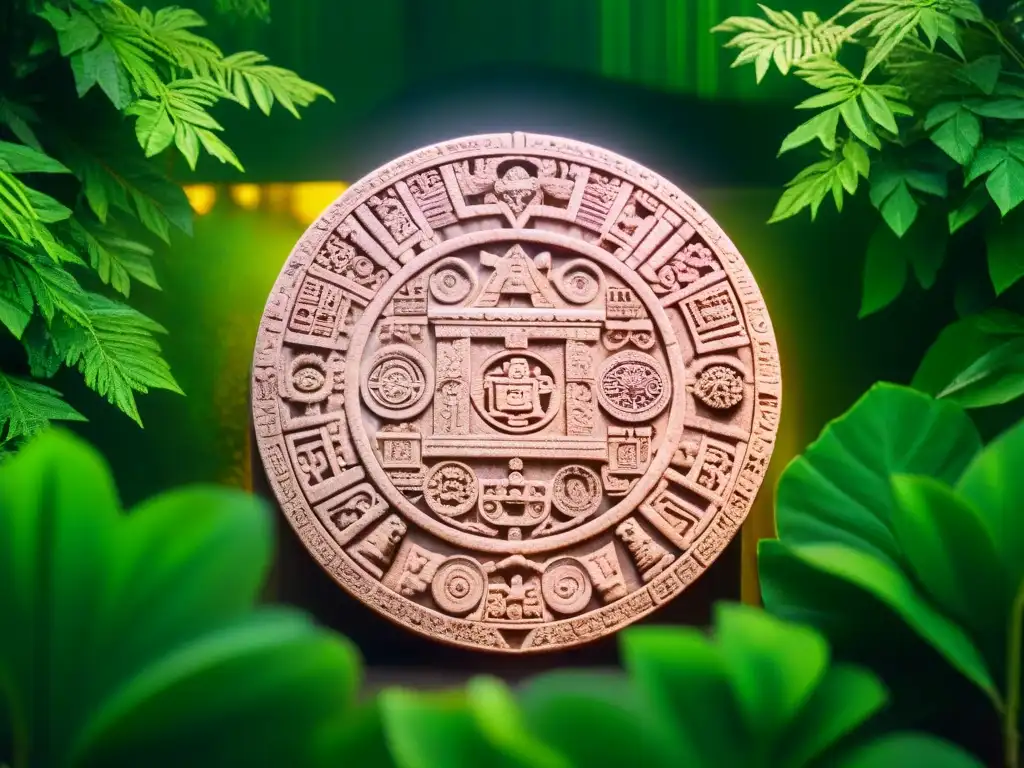 Representación artística del Calendario maya en piedra, con detalladas inscripciones y símbolos, en medio de exuberante vegetación selvática