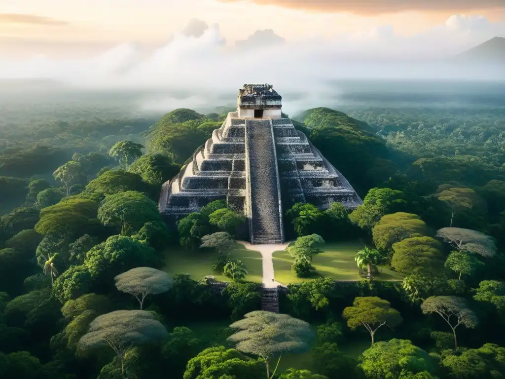 Descubre asentamientos mayas desde satélite entre exuberante jungla, revelando estructuras de piedra y pirámides