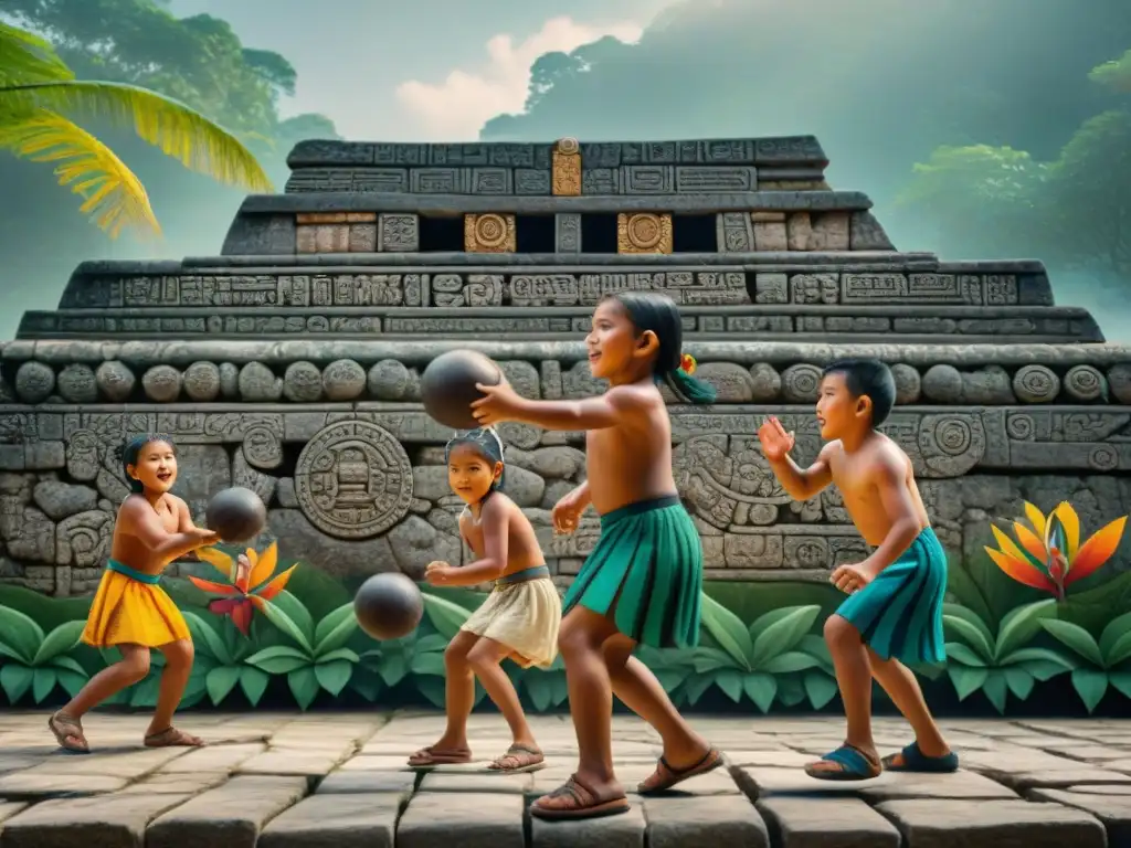 Un asombroso mural maya muestra a niños jugando PokaTok en una cancha de piedra ancestral, rodeados de espectadores