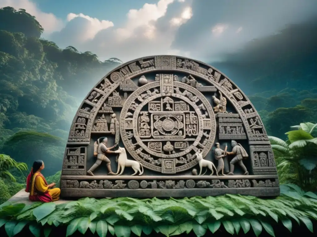 Astrología y calendario maya: Escultura detallada de mayas estudiando las estrellas en la selva bajo la luna