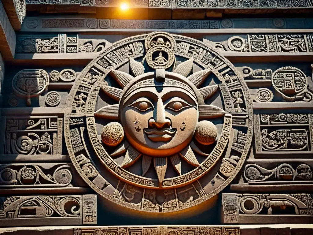 Astronomía en arquitectura maya: tallado de piedra detallado de cuerpos celestes en un templo iluminado por el sol