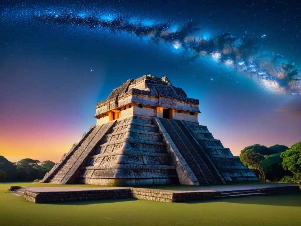 Astronomía y Matemáticas Mayas: detallado observatorio maya con grabados celestiales y medidas precisas, bajo un cielo estrellado vibrante