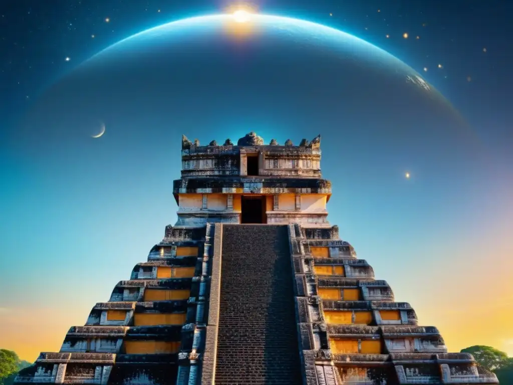 Astronomía en civilización maya: Templo maya detallado alineado con cuerpos celestes, resaltando sabiduría astronómica y arquitectónica