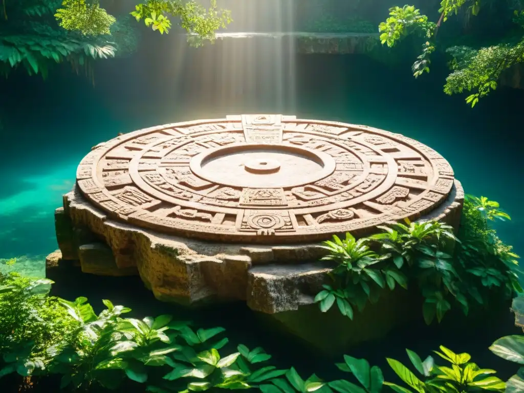 Conexión astronómica entre cenotes: Un calendario maya tallado junto a un cenote místico, con luz dappled filtrándose a través del dosel del bosque