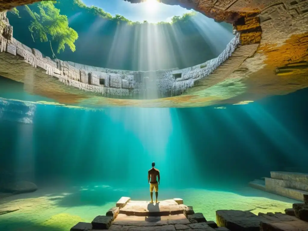 Conexión astronómica entre cenotes: El cenote sagrado de Chichén Itzá iluminado por un rayo de sol durante el equinoccio vernal, con antiguas inscripciones mayas en las paredes y descendientes mayas observando en silencio