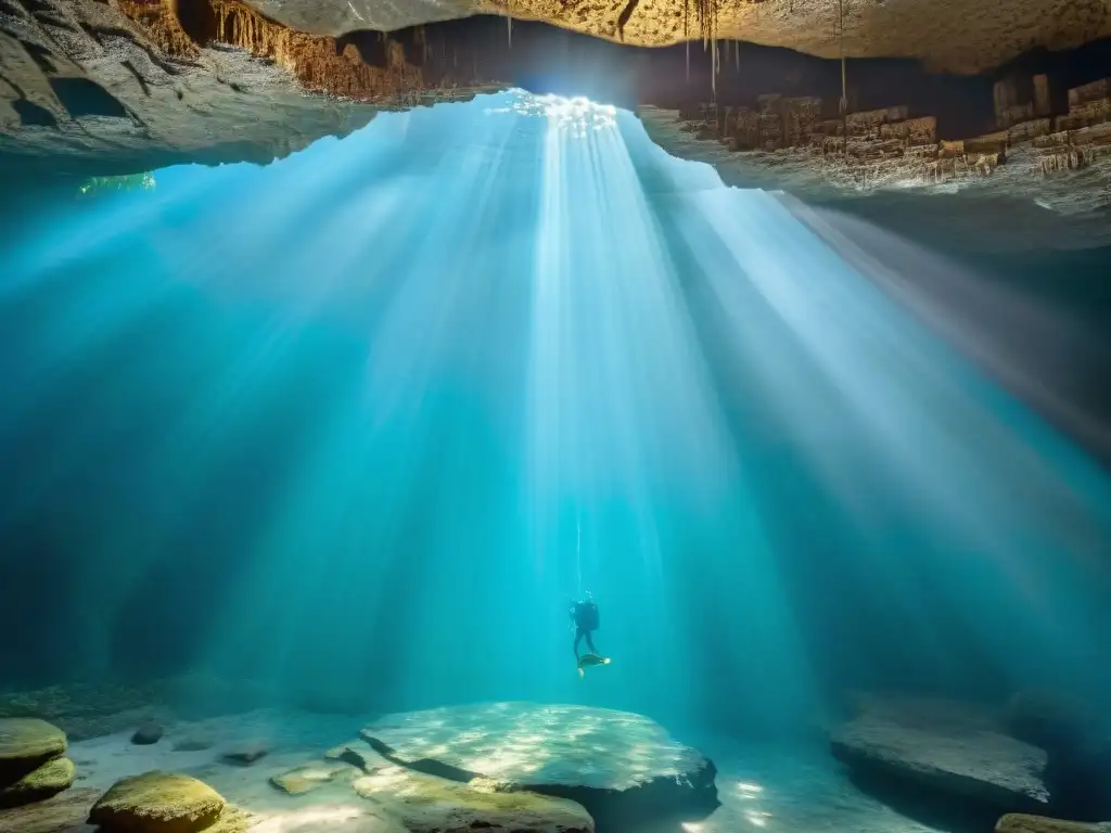 Conexión astronómica entre cenotes: luz solar ilumina el agua cristalina de un cenote, creando reflejos y sombras en las paredes rocosas