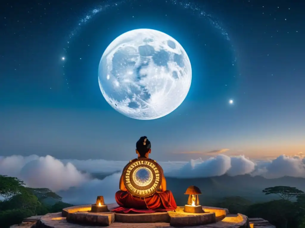 Un astrónomo maya observa detalladamente los ciclos lunares y mide el tiempo con instrumentos antiguos bajo la luz de la luna llena