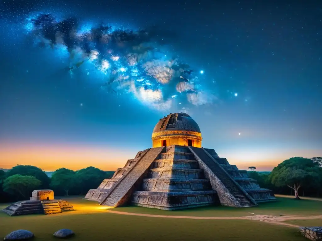 Un astrónomo maya estudia el cielo estrellado desde un observatorio con antiguas técnicas astronómicas, iluminado por la luna