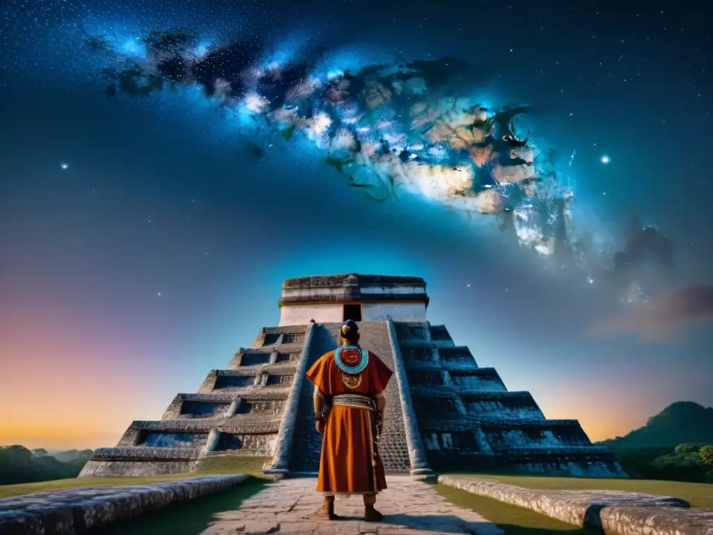 Un astrónomo maya señala al cielo estrellado desde un observatorio de piedra, mostrando la Enseñanza de la astronomía maya