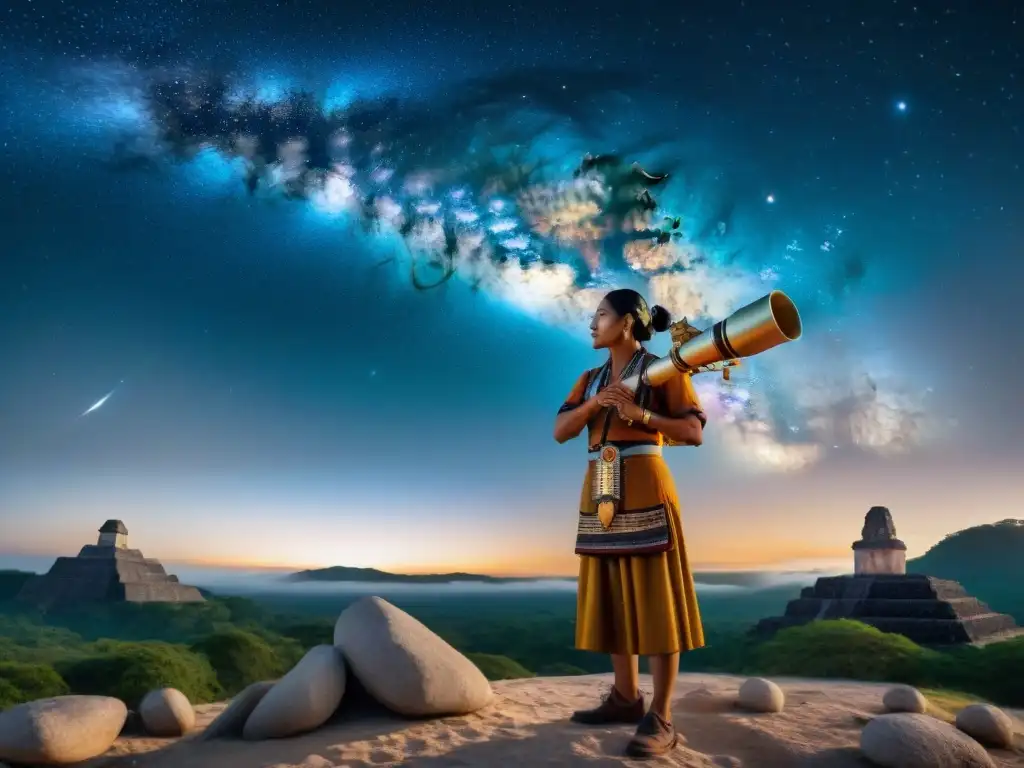 Un astrónomo maya observa el cielo nocturno con instrumento astronómico en mano, reflejando la cosmología maya en la vida cotidiana