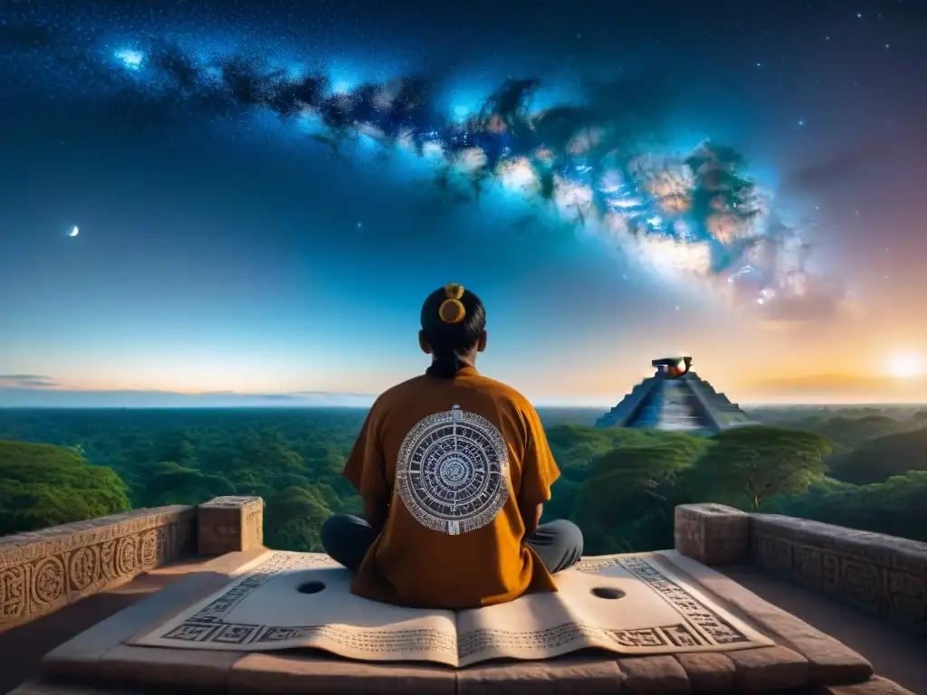 Un astrónomo maya estudia el cielo nocturno con mapas de estrellas detallados, en el templo iluminado por la luna creciente