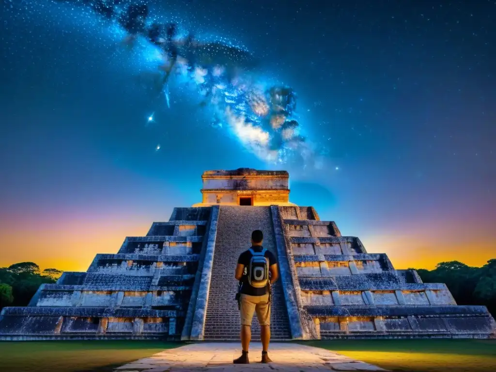 Un astrónomo maya estudia el cielo en el observatorio de Chichen Itza, rodeado de antorchas