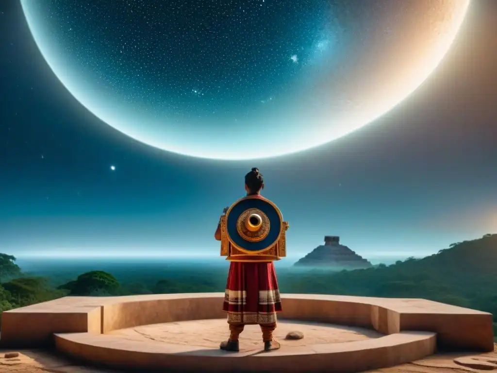 Un astrónomo maya contemporáneo estudia el cielo nocturno con un telescopio moderno, fusionando técnicas mayas para pronosticar eventos celestes