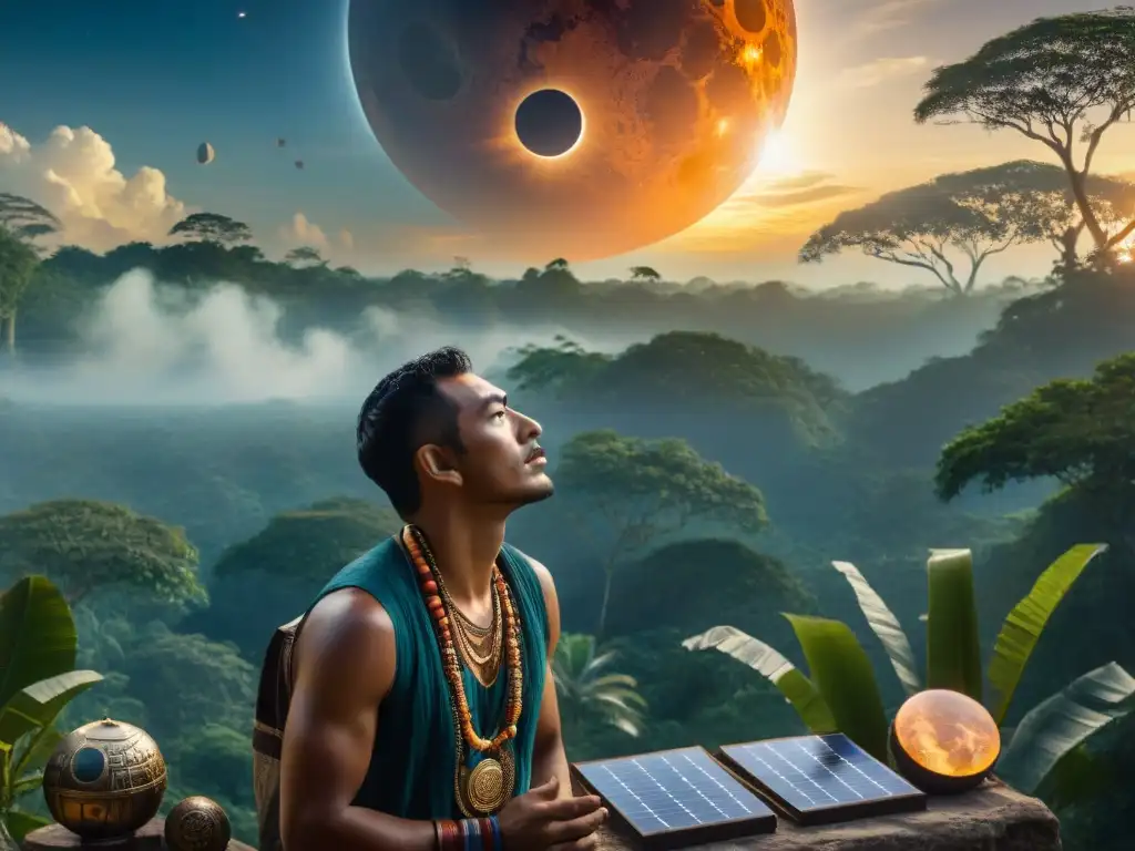 Un astrónomo maya observando un eclipse solar en la densa selva, destaca la precisión de las predicciones eclipses mayas