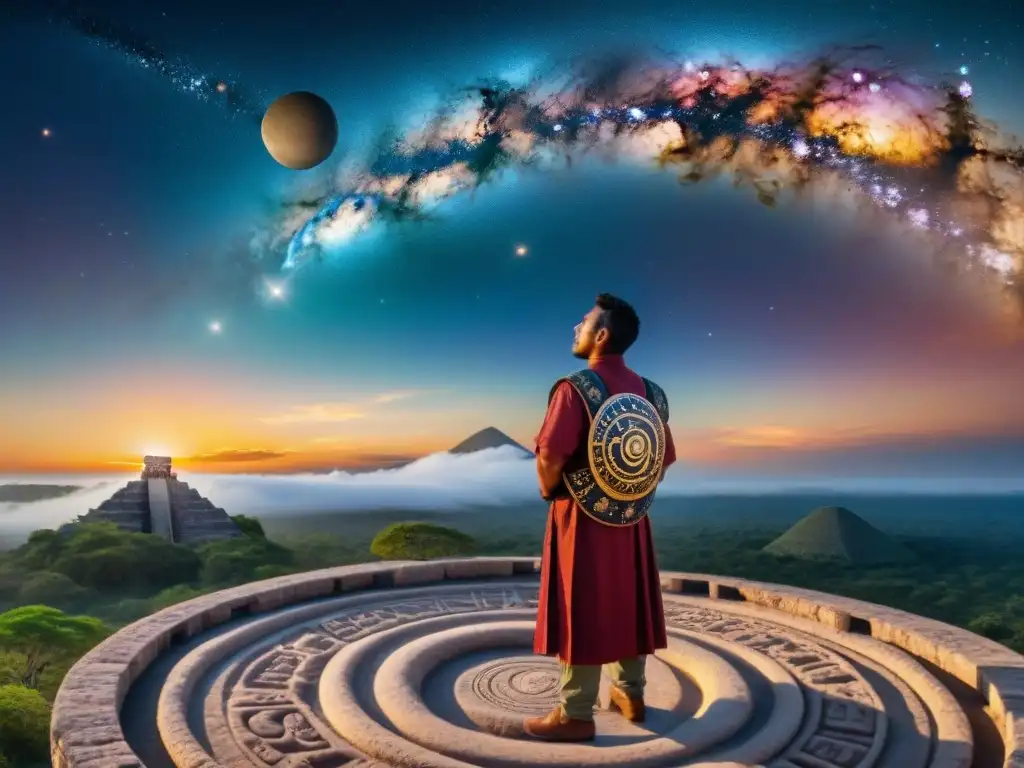 Un astrónomo maya estudia las estrellas en un observatorio celestial, rodeado de símbolos y una serpiente en el panteón maya al atardecer