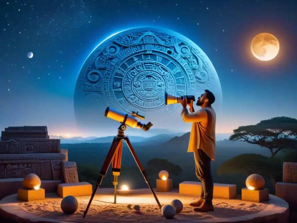 Un astrónomo maya estudia con precisión los movimientos celestes para predecir eclipses, rodeado de símbolos y glifos