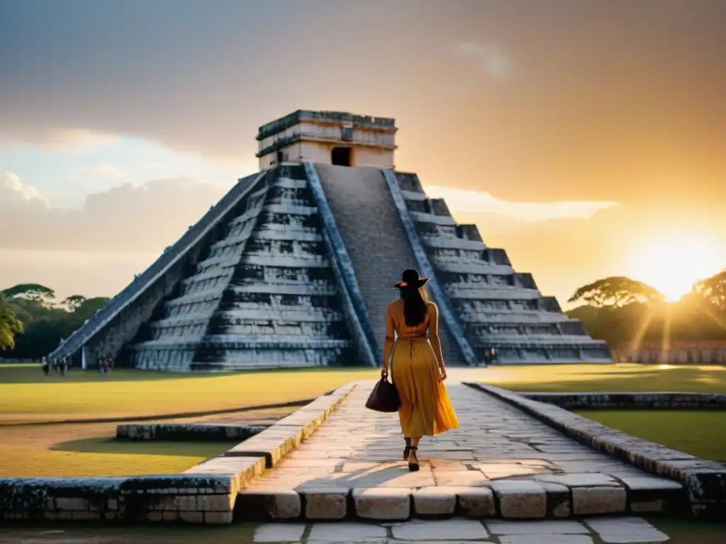 Un atardecer dorado ilumina el Templo de Kukulcán en Chichén Itzá, resaltando sus detalles y la exuberante jungla