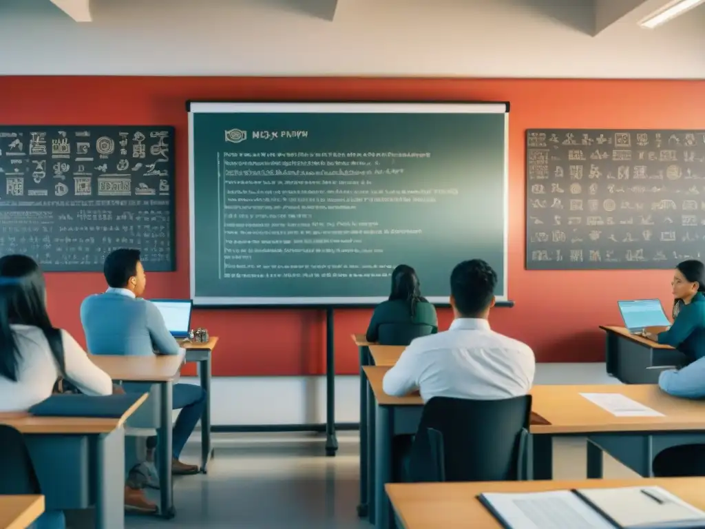 Una aula moderna llena de estudiantes diversos aprendiendo la escritura de glifos mayas con un ambiente educativo enriquecedor