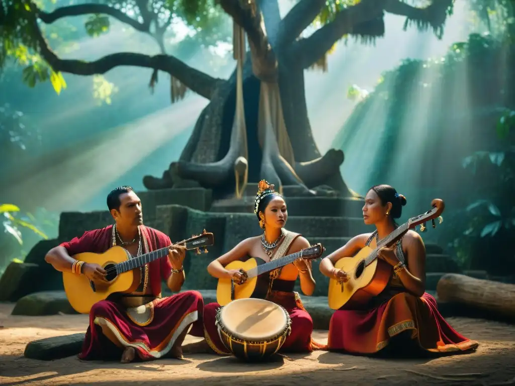 Recreación de música maya auténtica: Grupo de músicos mayas contemporáneos tocando instrumentos tradicionales bajo un Ceiba en la selva